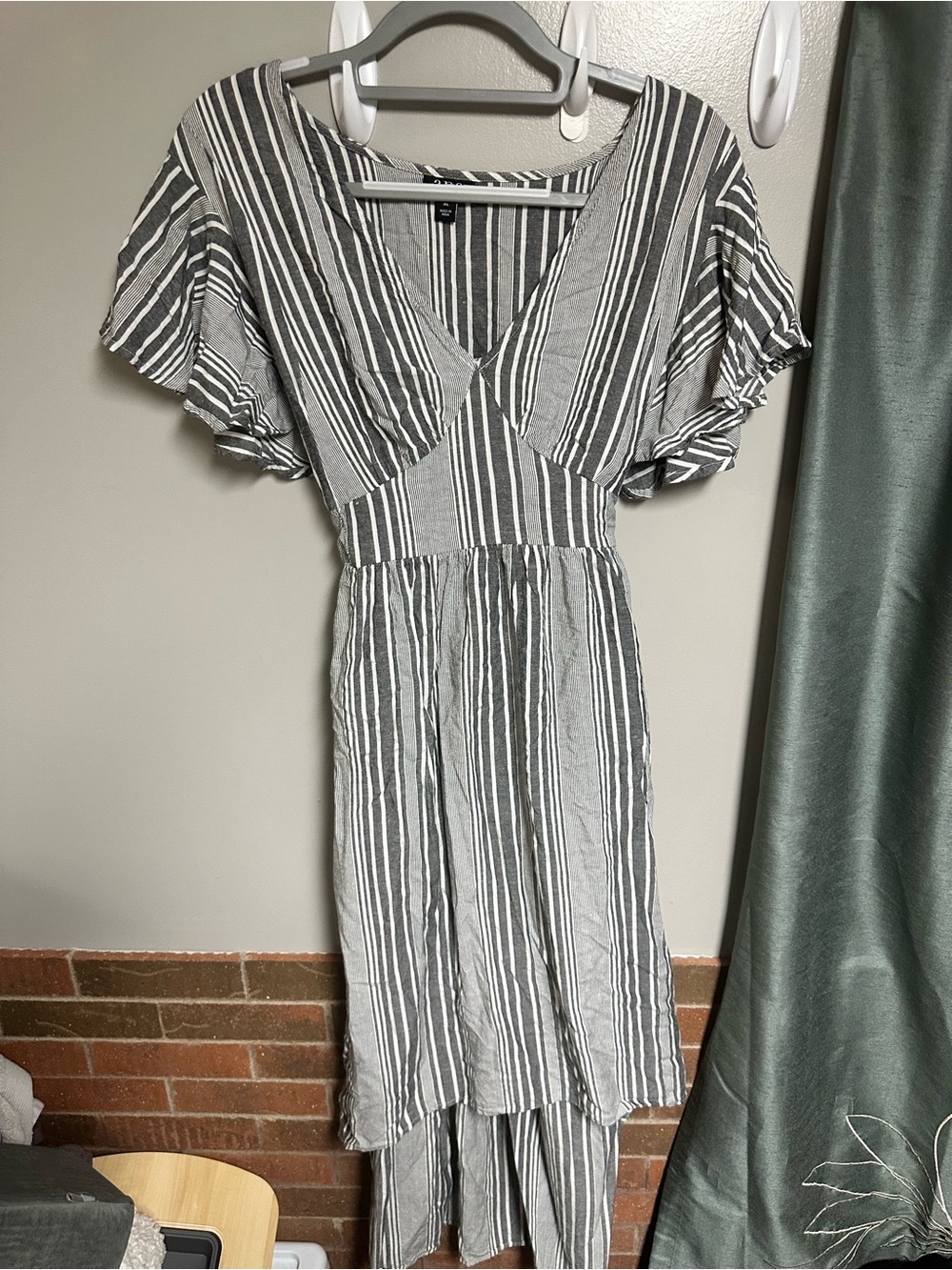 a.n.a Gray and White Striped High-Low V-Neck Dress